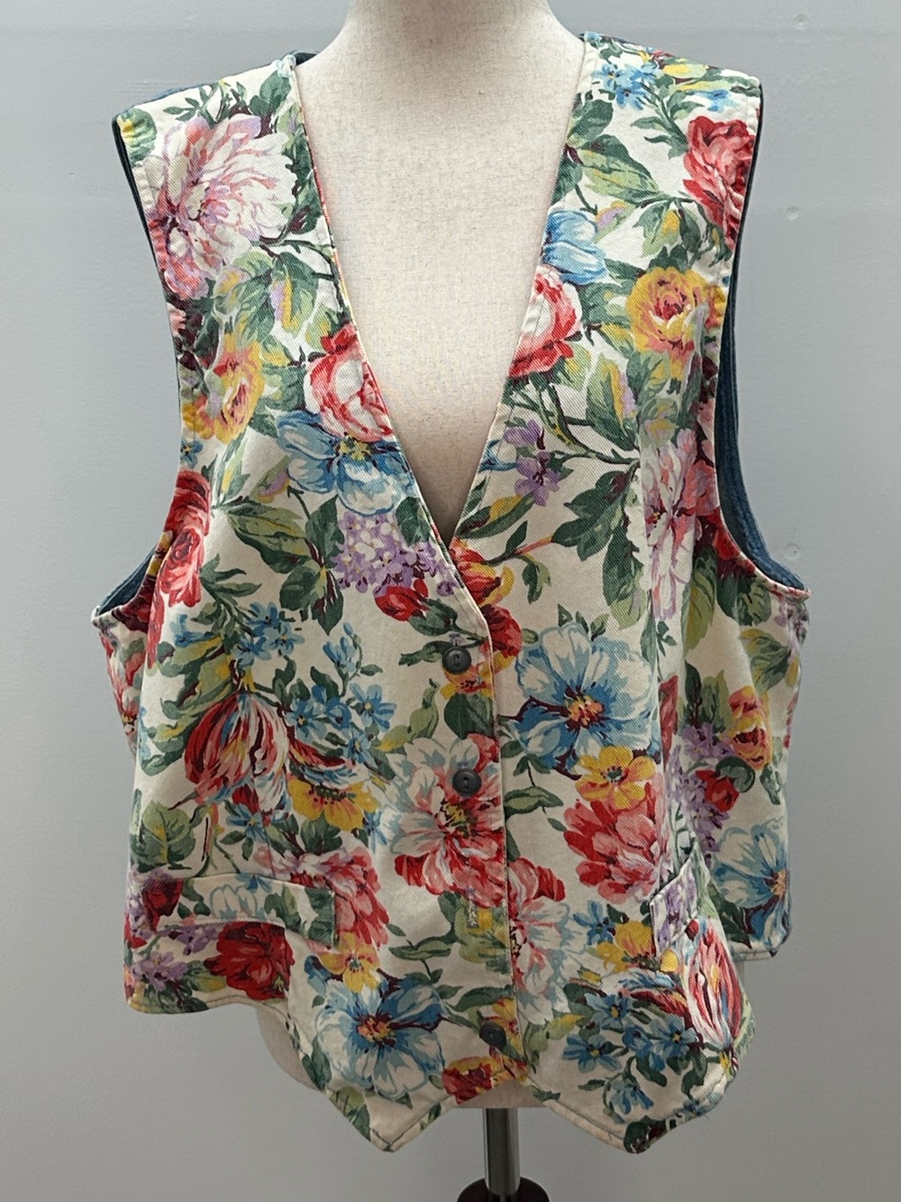 Vintage Paquette Denim Vest Floral 80s 90s Grandmacore Cottagecore Plus Size 2XL